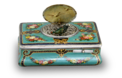 Antique silver and finely painted sarcophagus-form wooden singing bird box, by Juvenia