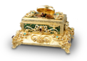 Vintage silver-gilt, enamelled, Emerald, red garnet and pearl-set singing bird box, by Karl Griesbaum