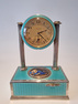 Vintage silver-gilt, guilloche turquoise enamel and pictorial enamel timepiece alarm-actuated singing bird box, by C. A. Marguerat