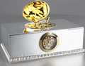 Contempary sterling silver, gold and diamond singing bird box with timepiece, by Reuge