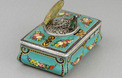 Antique silver and finely painted sarcophagus-form wooden singing bird box, by Juvenia