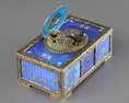 Sterling silver gilt, pictorial and enamel singing bird box with timepiece, movement by C. H. Marguerat