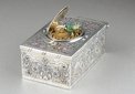 Antique Silver, Pearl, Garnet and Aquamarine transparently-mounted set singing bird box, by Raymy