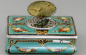 Antique silver and finely painted sarcophagus-form wooden singing bird box, by Juvenia