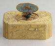 Antique gilt metal and pictorial enamel singing bird box, by John Manger