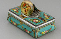 Antique silver and finely painted sarcophagus-form wooden singing bird box, by Juvenia