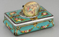 Antique silver and finely painted sarcophagus-form wooden singing bird box, by Juvenia