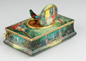 Antique silver gilt and finely painted sarcophagus-form wooden singing bird box, by E. Flajoulot