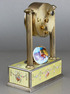 Vintage silver-gilt, guilloche yellow enamel and pictorial enamel timepiece alarm-actuated singing bird box, by C. H. Marguerat