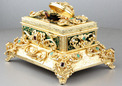 Vintage silver-gilt, enamelled, Emerald, red garnet and pearl-set singing bird box, by Karl Griesbaum