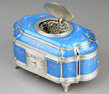 Sterling silver and full guilloche enamel singing bird box with timepiece