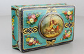 Antique silver and finely painted sarcophagus-form wooden singing bird box, by Juvenia