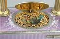 Vintage silver-gilt, guilloche lilac enamel and pictorial enamel timepiece alarm-actuated singing bird box, by C. H. Marguerat