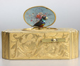 Antique gilt metal and pictorial enamel singing bird box, by John Manger