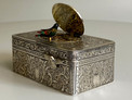 Engraved silver-gilt and painted ivorine pictorial study singing bird box,  Early-period Karl Griesbaum