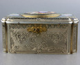 Antique tall-proportioned silver-gilt and full pictorial lidded singing bird box, by Charles Bruguier