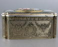 Antique tall-proportioned silver-gilt and full pictorial lidded singing bird box, by Charles Bruguier