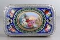 Antique silver-gilt, tri-tone enamel and pictorial enamel singing bird box, by Jacques Bruguier