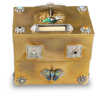 French enamel singing bird jewellry box, with rhyme notation bar