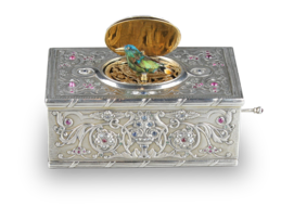 Antique Silver, Pearl, Garnet and Aquamarine transparently-mounted set singing bird box, by Raymy