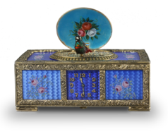 Sterling silver gilt, pictorial and enamel singing bird box with timepiece, movement by C. H. Marguerat