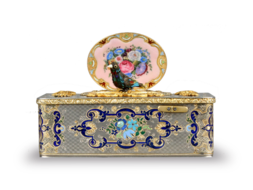 Silver-gilt, gold, enamel and pictorial enamel Fusee singing bird box, by Charles Bruguier