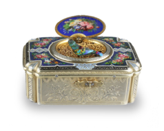 Antique silver-gilt and pictorial enamel Fusee singing bird box, by Charles Bruguier