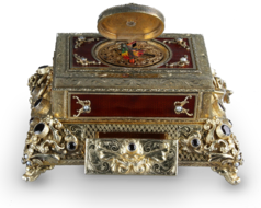 Silver gilt, enamel, pearl and noir garnet-mounted singing bird box