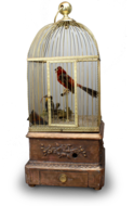 Antique double singing birds-in-cage with hungry chicks in nest, by Bontems