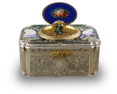 Antique tall-proportioned silver-gilt and full pictorial lidded singing bird box, by Charles Bruguier