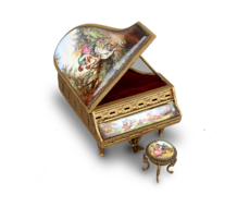 A fine Viennese gilt metal and signed pictorial enamel piano-form musical box and stool