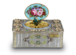 An exceptionally important and early silver, parcel-gilt, enamel and gilt appliques singing bird box, by Charles Bruguier