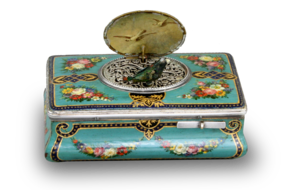 Antique silver and finely painted sarcophagus-form wooden singing bird box, by Juvenia