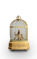 Vintage single singing bird in cage, by Karl Griesbaum