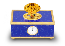 Lapis-lazuli enamelled and gilt musical timepiece alarm-actuated singing bird box, by Reuge