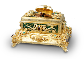 Vintage silver-gilt, enamelled, Emerald, red garnet and pearl-set singing bird box, by Karl Griesbaum