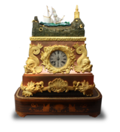 Monumental Antique bronze, ormolu and polished copper on bronze rocking ship automaton clock