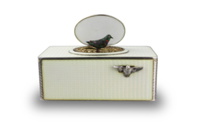  Silver and full cream guilloche enamel singing bird box