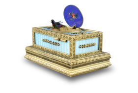 Powder blue guilloche and pictorial enamel singing bird box casket, by C. H. Marguerat