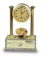 Vintage silver-gilt, guilloche yellow enamel and pictorial enamel timepiece alarm-actuated singing bird box, by C. H. Marguerat