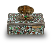 Silver and cloisonne enamel, garnet, pearl and aquamarine-set singing bird box