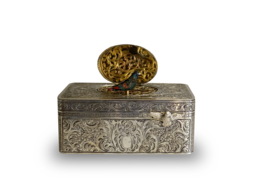 Engraved silver-gilt and painted ivorine pictorial study singing bird box,  Early-period Karl Griesbaum