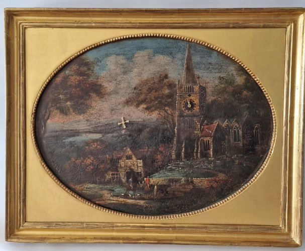 Automaton Picture clock in square frame with oval aperture and windmill