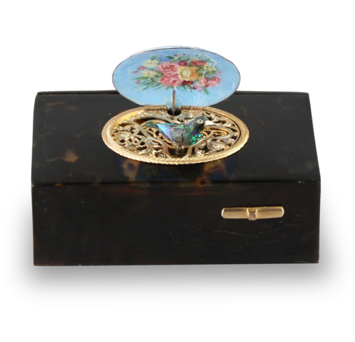 Antique Tortoiseshell and pictorial enamel singing bird box, by Bontems