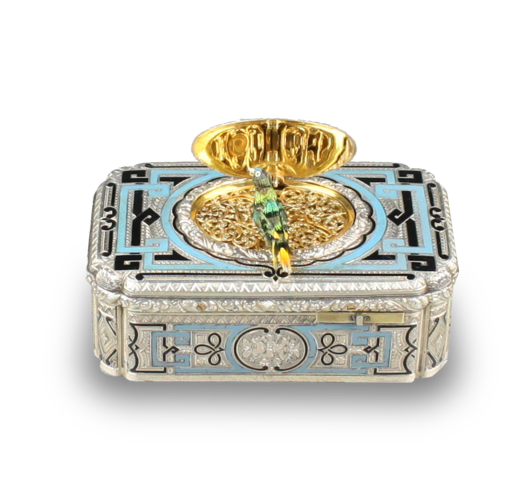 Antique Silver-gilt and enamel Fusee singing bird box, by Jacques Bruguier