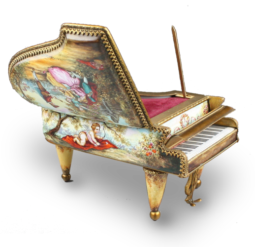 Antique gilt metal and pictorial enamel grand piano-form Musical Box