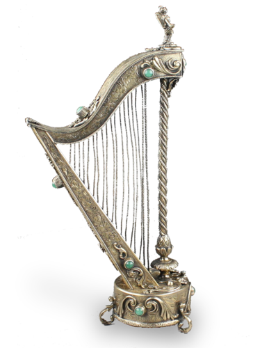 Antique Silver-gilt and mottled green agate mounted musical harp