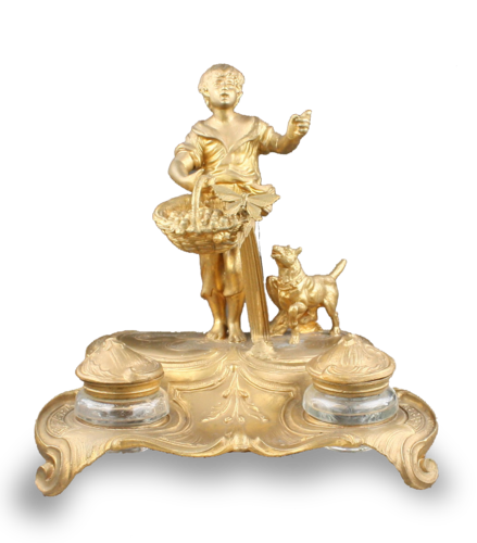 Gilt bronze antique musical automaton inkwell