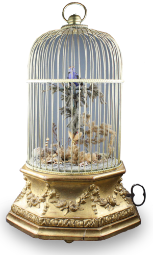 Antique Hexagonal-profile large single singing bird-in-cage, by Phallibois