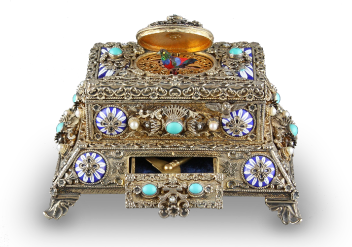 Silver gilt, enamel, pearl and turquoise mounted singing bird box, by Karl Griesbaum